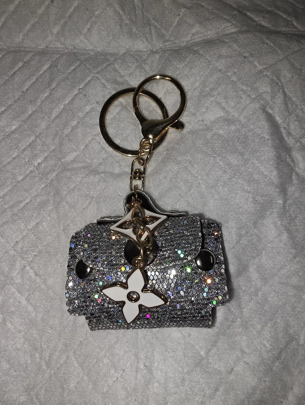 Sparkling Silver Mini Bag Charm Keychain with Floral Charms - FASHION UNBRANDED